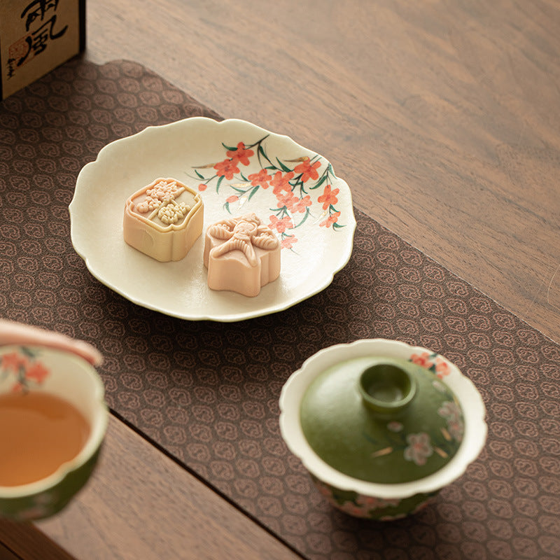 Handcrafted Rock Mineral Matcha-Green Gilded Peach Blossom San Cai Gaiwan - 160ml Gongfu Tea Bowl