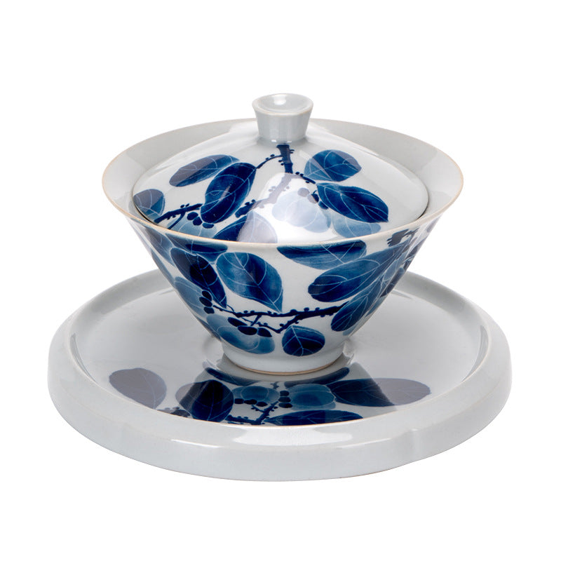 Authentic Hand-Painted Persimmon Vintage Cyan San Cai Gaiwan - 165ml Anti-Scald Tea Bowl