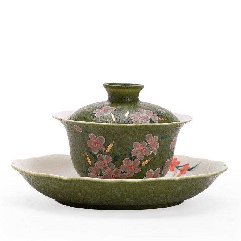 Handcrafted Rock Mineral Matcha-Green Gilded Peach Blossom San Cai Gaiwan - 160ml Gongfu Tea Bowl
