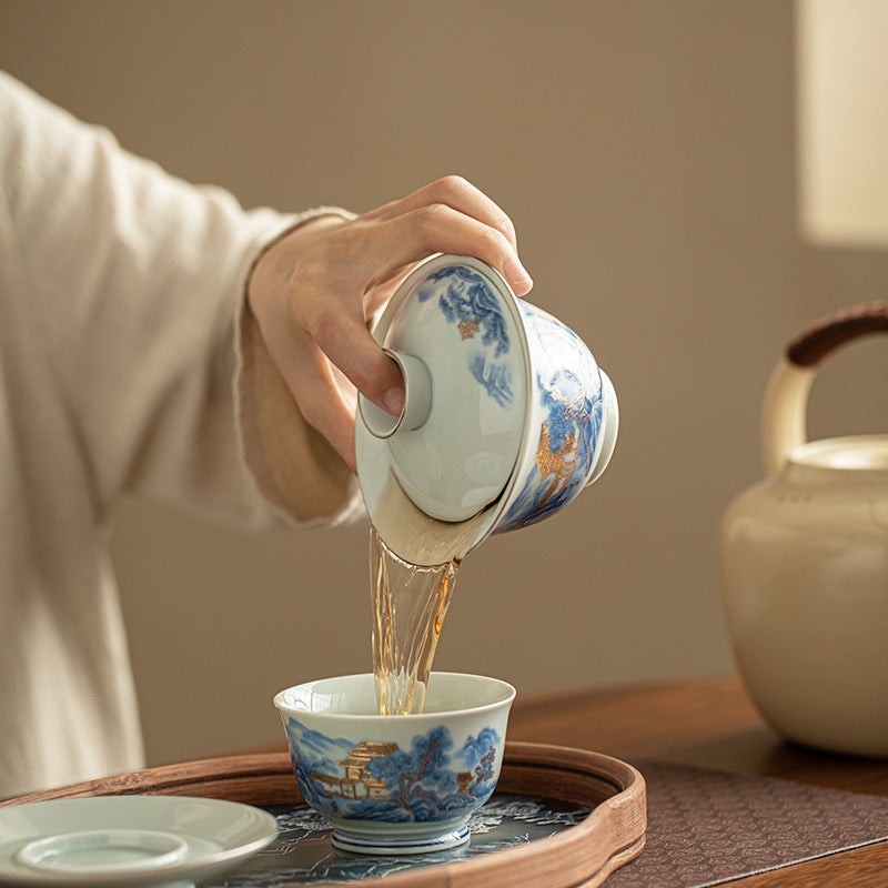 Authentic Jingdezhen Blue & White Landscape Guochao Ceramic Tea Set - Complete Gongfu Ceremony Set with Tray