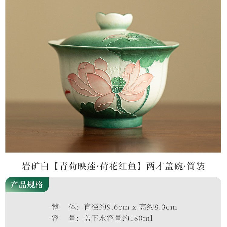 Hand-Painted Rock Mineral White Lotus Two-Talent Ceramic Gaiwan - 150ml Minimalist Steeping Bowl
