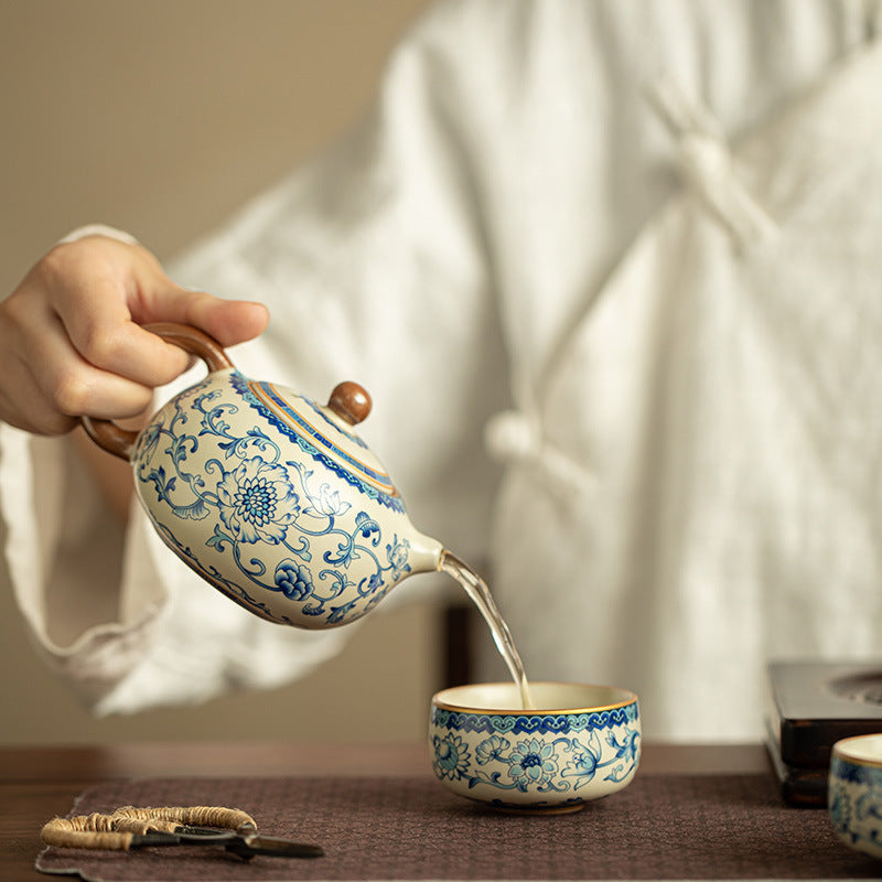 Vintage Chinese Blue & White Intertwined Lotus Ru Ware Master Teacup - 80ml Gongfu Tasting Cup