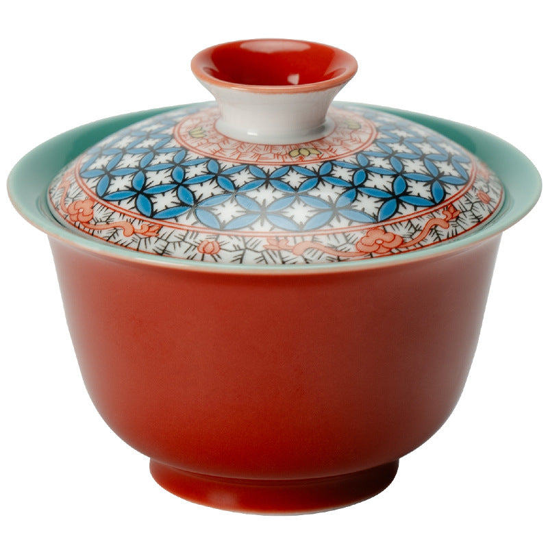 Authentic Forbidden City Red Floral Lattice Two-Talent Gaiwan - 160ml Anti-Scald Tea Bowl