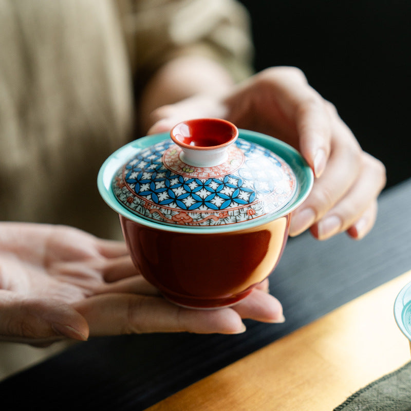 Authentic Forbidden City Red Floral Lattice Two-Talent Gaiwan - 160ml Anti-Scald Tea Bowl