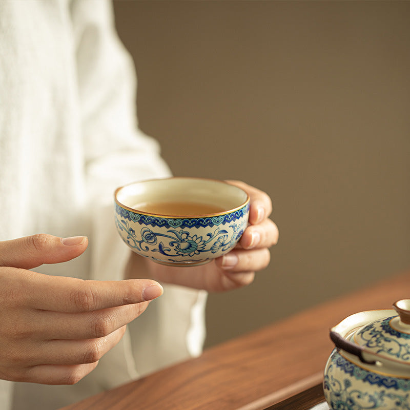 Vintage Chinese Blue & White Intertwined Lotus Ru Ware Master Teacup - 80ml Gongfu Tasting Cup