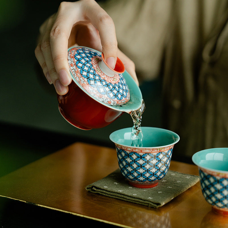 Authentic Forbidden City Red Floral Lattice Two-Talent Gaiwan - 160ml Anti-Scald Tea Bowl