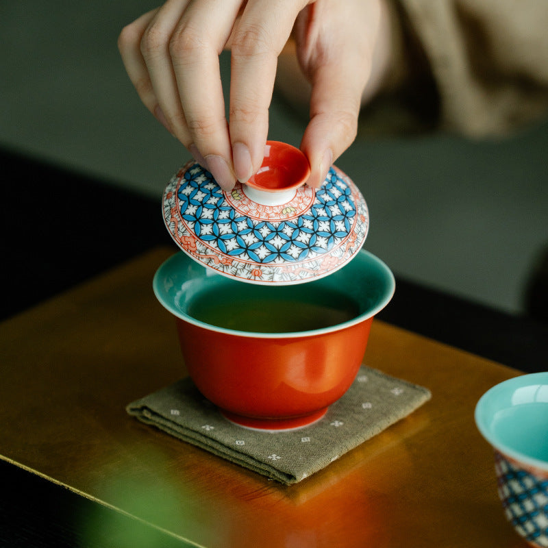 Authentic Forbidden City Red Floral Lattice Two-Talent Gaiwan - 160ml Anti-Scald Tea Bowl