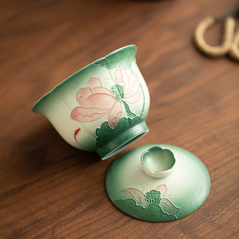 Hand-Painted Rock Mineral White Lotus Two-Talent Ceramic Gaiwan - 150ml Minimalist Steeping Bowl