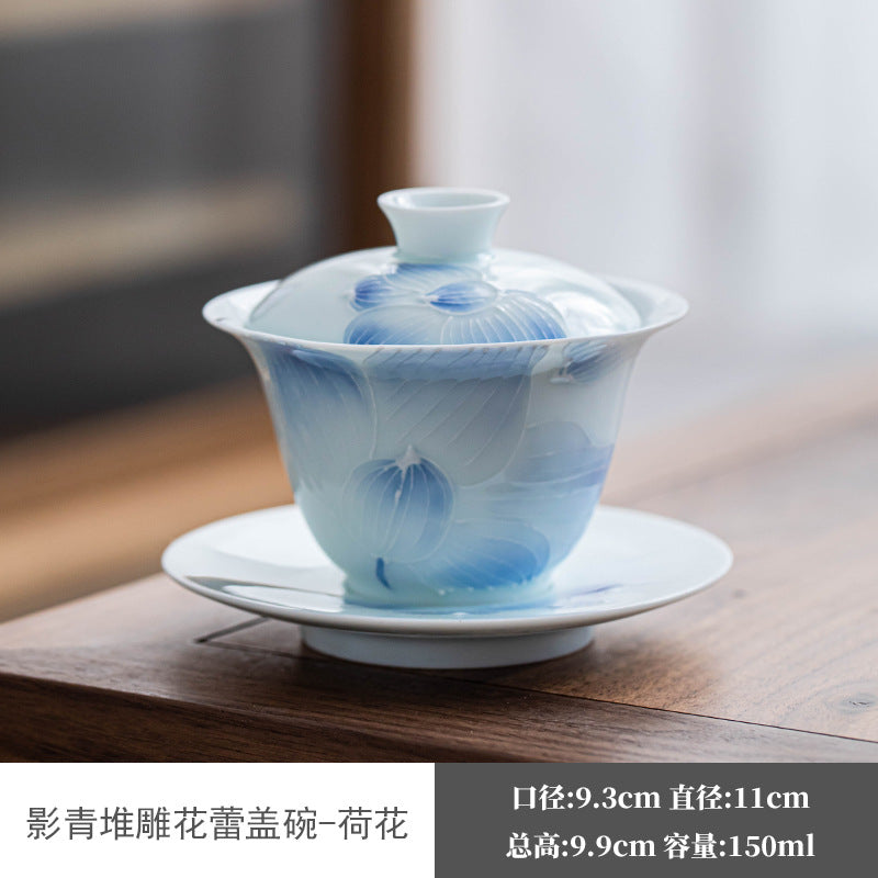 Authentic Shadow Celadon Yingqing White Porcelain San Cai Gaiwan - 160ml Tea Bowl