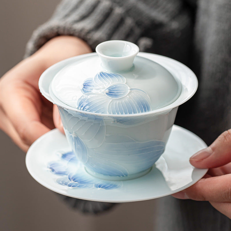 Authentic Shadow Celadon Yingqing White Porcelain San Cai Gaiwan - 160ml Tea Bowl