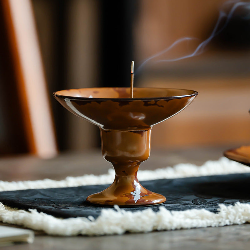 Authentic Flambé Chestnut Brown Descending Crane High-Stem Incense Holder - Teaware Accessories