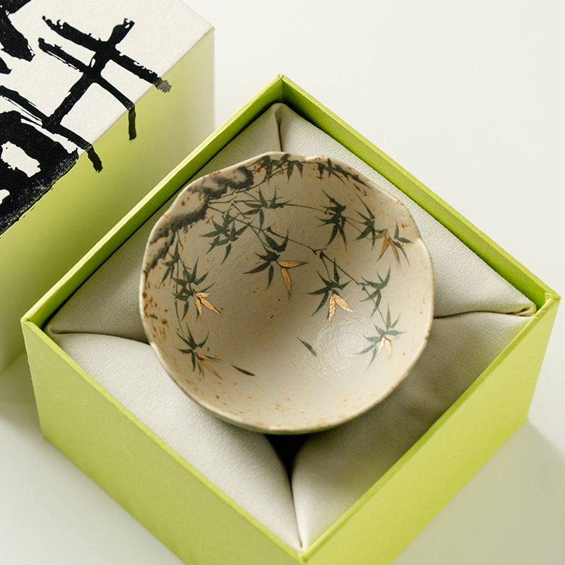Authentic Cyan-Orange Hand-Painted Golden Bamboo Master Teacup - 85ml Gift Box Suite