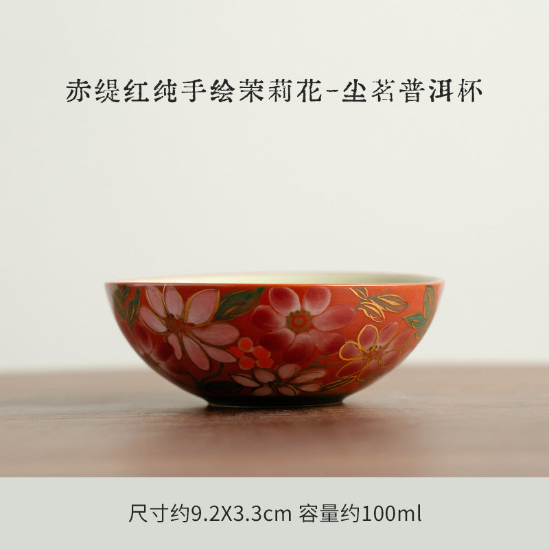 Authentic Terracotta Madder Red Hand-Painted Jasmine Chenming Master Cup - 85ml Teacup