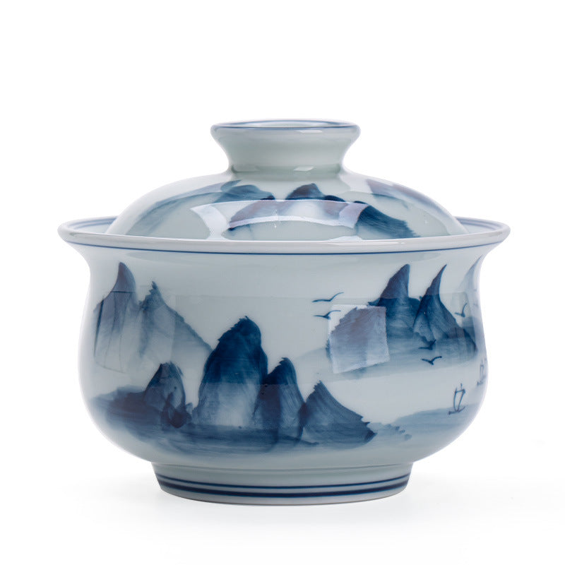 Authentic Jingdezhen Underglaze Hand-Painted Landscape Ceramic Gaiwan - 180ml Large Gongfu Tea Bowl