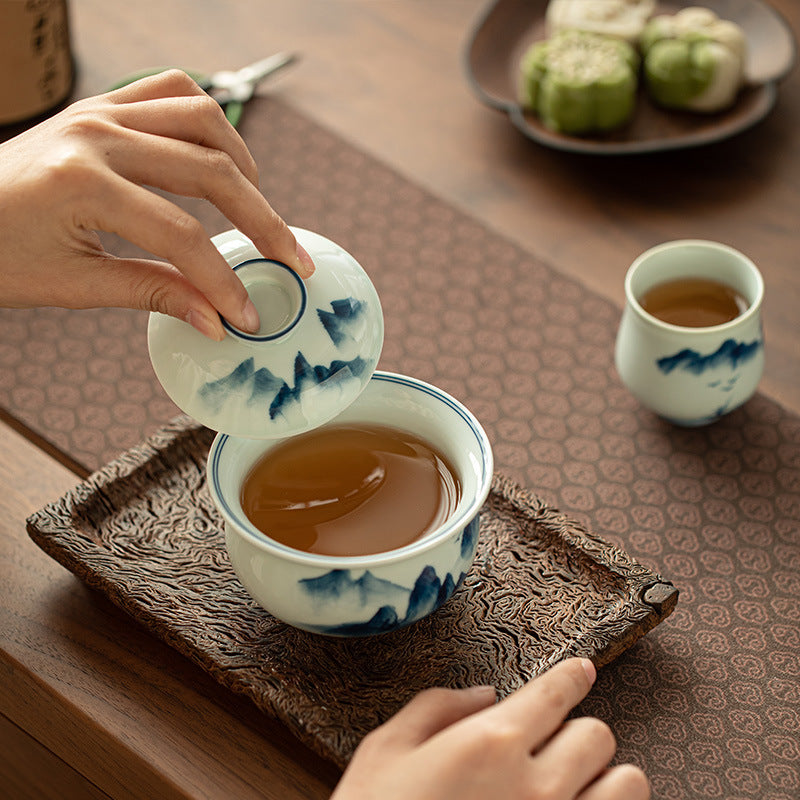 Authentic Jingdezhen Underglaze Hand-Painted Landscape Ceramic Gaiwan - 180ml Large Gongfu Tea Bowl