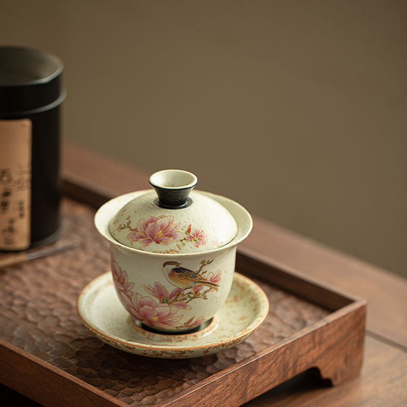 Authentic Jingdezhen Blue & White Huoshihong Magnolia Ceramic Gaiwan - 160ml Gongfu Tea Bowl