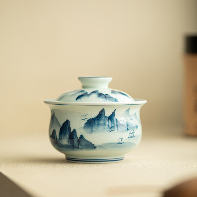 Authentic Jingdezhen Underglaze Hand-Painted Landscape Ceramic Gaiwan - 180ml Large Gongfu Tea Bowl