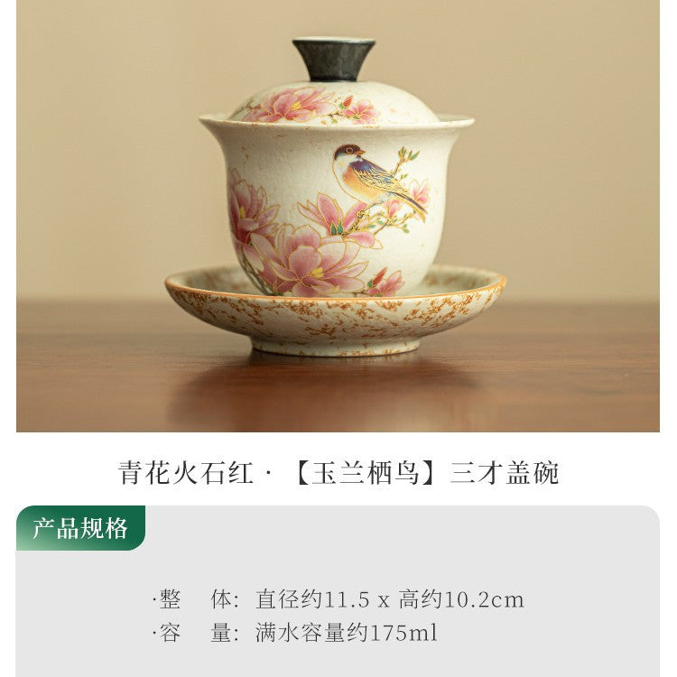 Authentic Jingdezhen Blue & White Huoshihong Magnolia Ceramic Gaiwan - 160ml Gongfu Tea Bowl