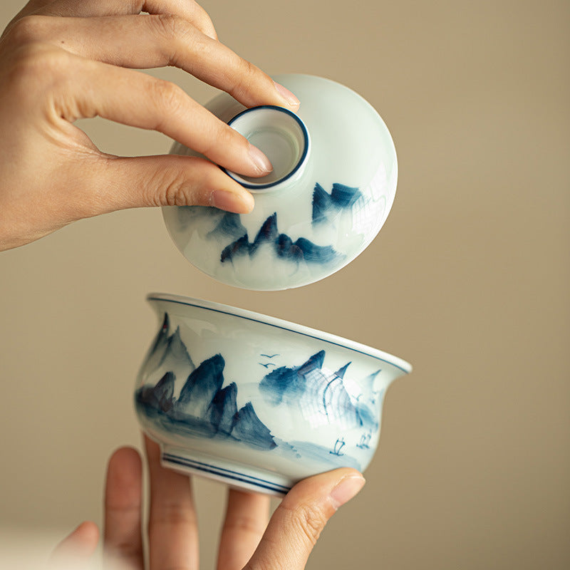 Authentic Jingdezhen Underglaze Hand-Painted Landscape Ceramic Gaiwan - 180ml Large Gongfu Tea Bowl