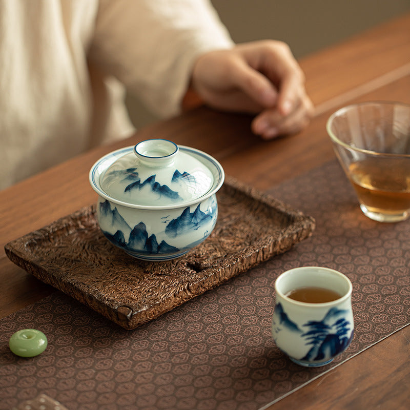 Authentic Jingdezhen Underglaze Hand-Painted Landscape Ceramic Gaiwan - 180ml Large Gongfu Tea Bowl
