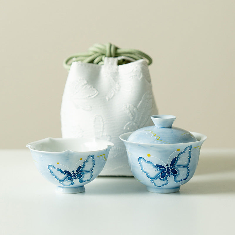 Handcrafted Dreamy Blue Butterfly Relief Fuling Portable Travel Tea Set - 3pc Suite with Case