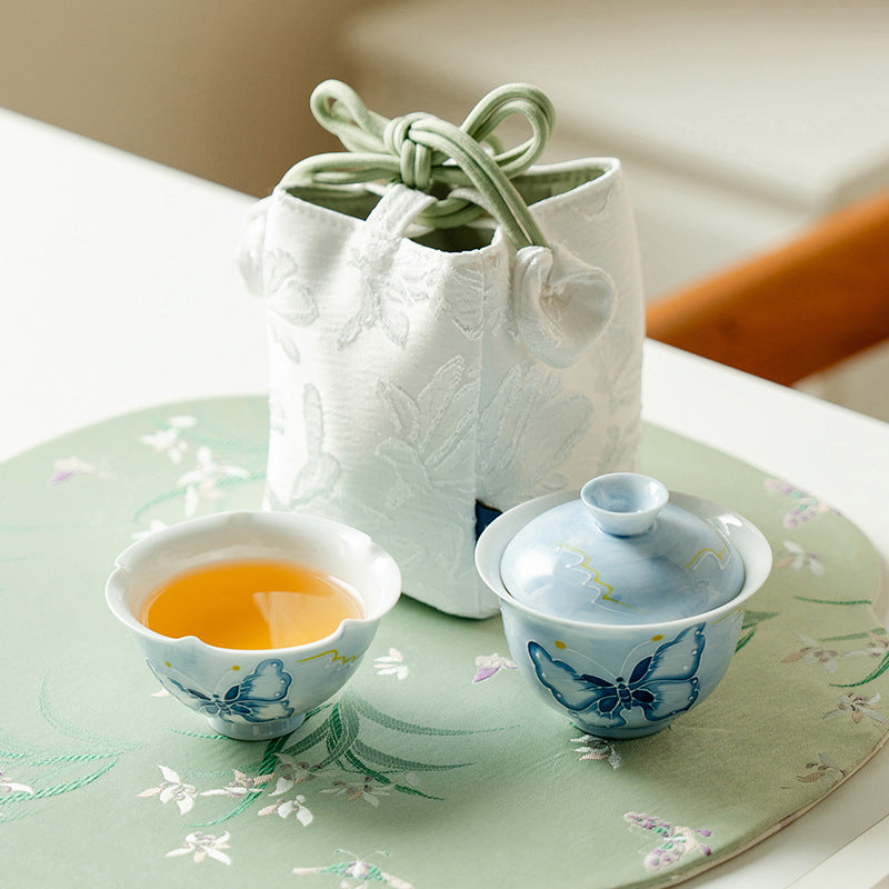 Handcrafted Dreamy Blue Butterfly Relief Fuling Portable Travel Tea Set - 3pc Suite with Case