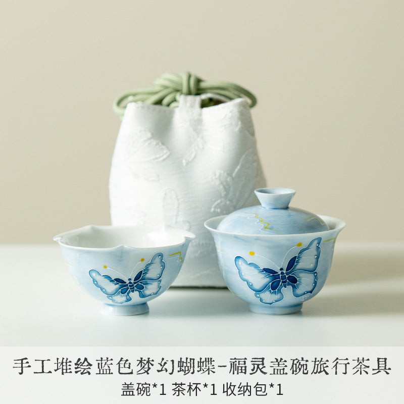 Handcrafted Dreamy Blue Butterfly Relief Fuling Portable Travel Tea Set - 3pc Suite with Case