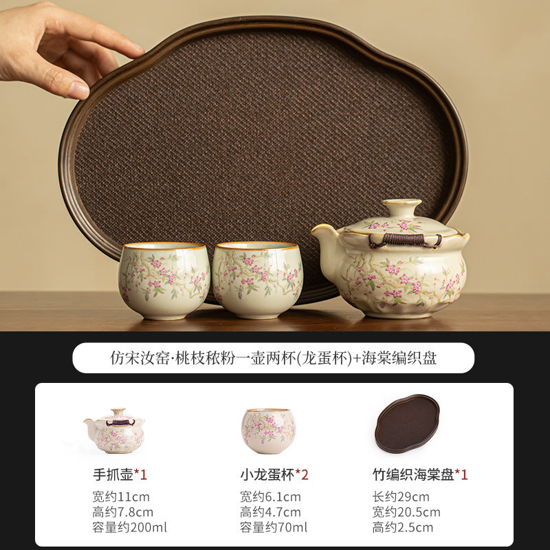 Authentic Dehua Beige Ru Ware Ceramic Hand-Grip Teapot Set with Tray - Complete Portable Tea Suite