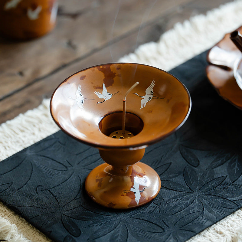 Authentic Flambé Chestnut Brown Descending Crane High-Stem Incense Holder - Teaware Accessories