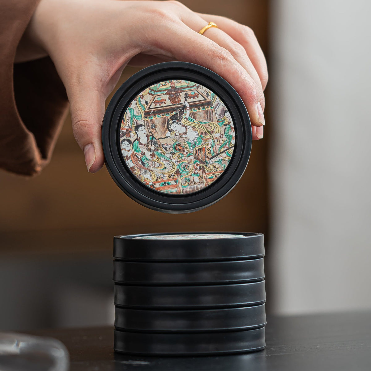Authentic Dunhuang Mural Circular Absorbent Ceramic Teacup Coaster - 10cm Teaware Accessories