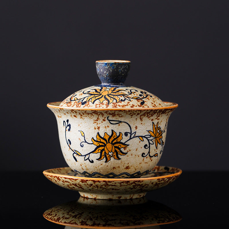 Authentic Blue & White Huoshihong 24K Gilded Intertwined Lotus Large San Cai Gaiwan - 190ml Tea Bowl