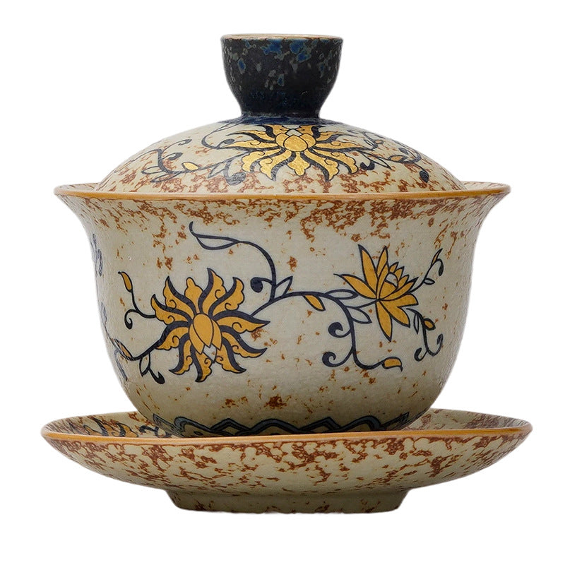Authentic Blue & White Huoshihong 24K Gilded Intertwined Lotus Large San Cai Gaiwan - 190ml Tea Bowl