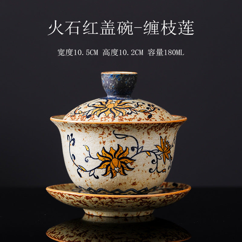 Authentic Blue & White Huoshihong 24K Gilded Intertwined Lotus Large San Cai Gaiwan - 190ml Tea Bowl