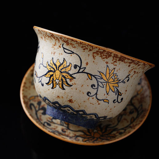 Authentic Blue & White Huoshihong 24K Gilded Intertwined Lotus Large San Cai Gaiwan - 190ml Tea Bowl