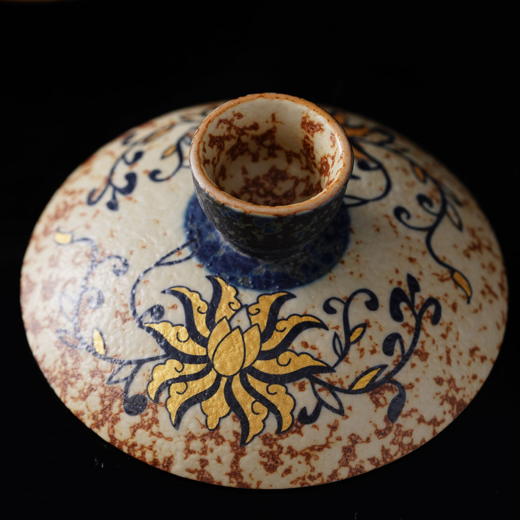 Authentic Blue & White Huoshihong 24K Gilded Intertwined Lotus Large San Cai Gaiwan - 190ml Tea Bowl