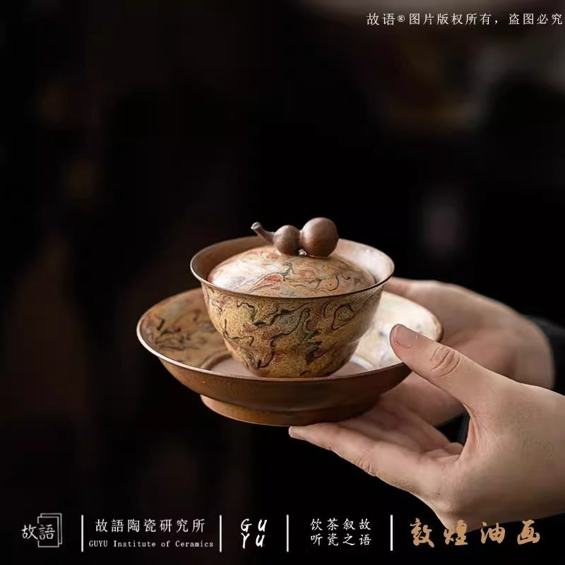 Authentic Dunhuang Oil-Painting Style Underglaze Hand-Painted San Cai Gaiwan - 165ml Tea Bowl
