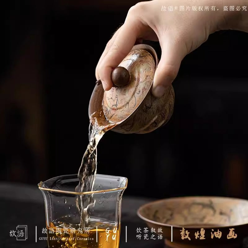 Authentic Dunhuang Oil-Painting Style Underglaze Hand-Painted San Cai Gaiwan - 165ml Tea Bowl