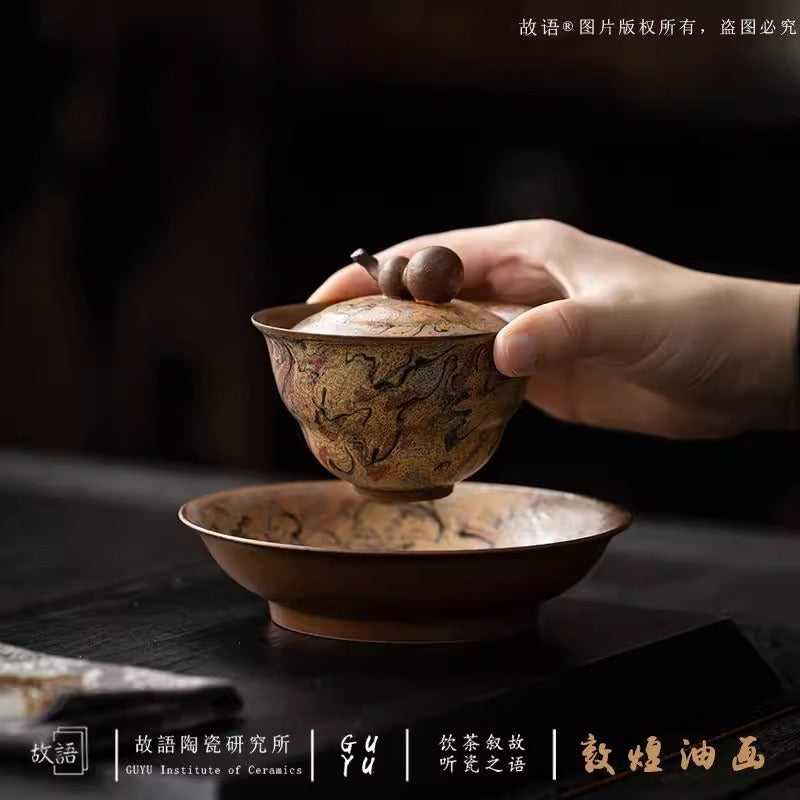 Authentic Dunhuang Oil-Painting Style Underglaze Hand-Painted San Cai Gaiwan - 165ml Tea Bowl