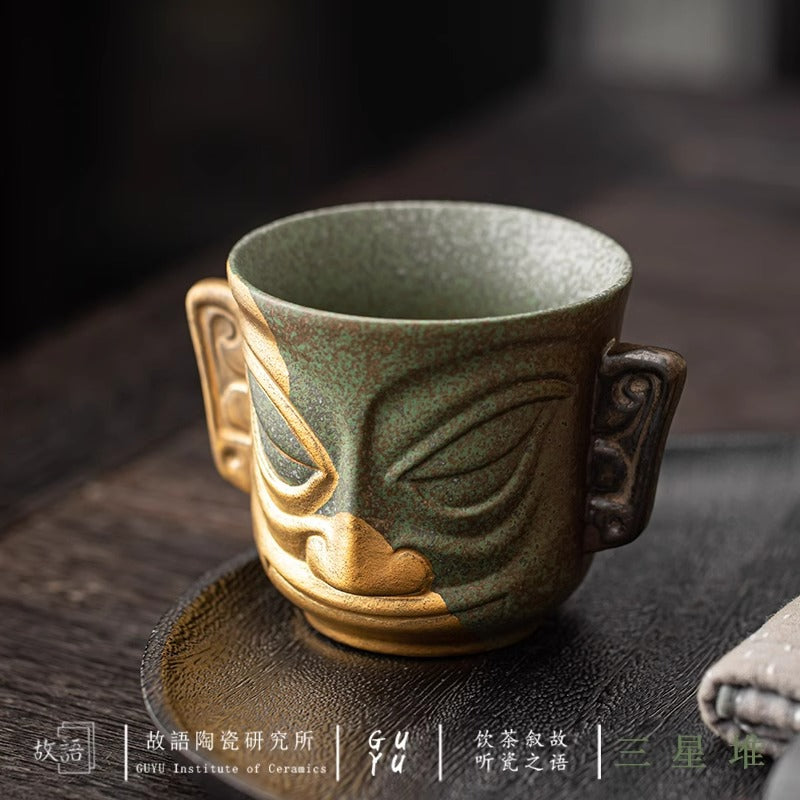 Authentic Sanxingdui Gold Mask Cultural-Creative Large Ceramic Master Teacup - 95ml Gongfu Cup