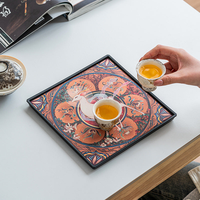 Authentic Dunhuang Nine-Colored Deer Square Absorbent Dry-Brewing Tea Tray - 20cm Teaware
