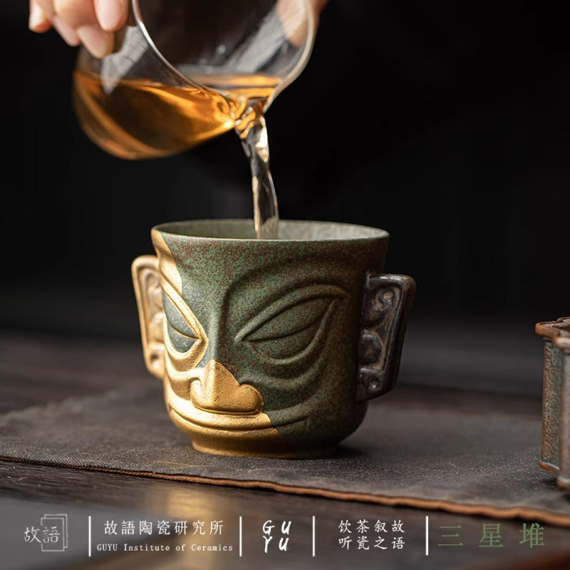 Authentic Sanxingdui Gold Mask Cultural-Creative Large Ceramic Master Teacup - 95ml Gongfu Cup