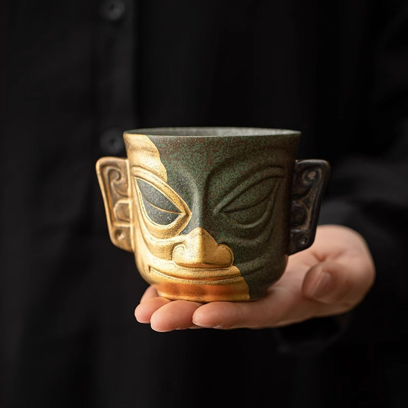 Authentic Sanxingdui Gold Mask Cultural-Creative Large Ceramic Master Teacup - 95ml Gongfu Cup