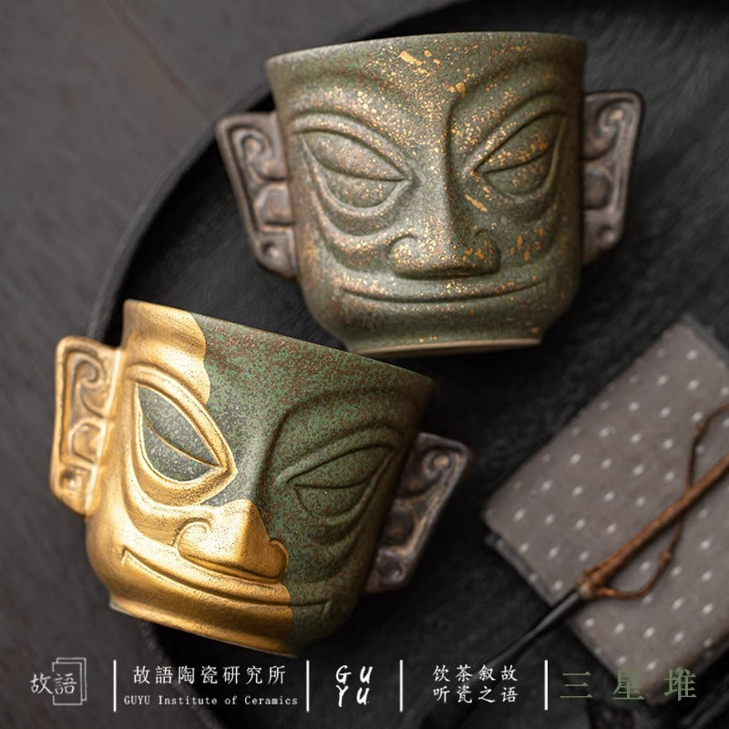 Authentic Sanxingdui Gold Mask Cultural-Creative Large Ceramic Master Teacup - 95ml Gongfu Cup