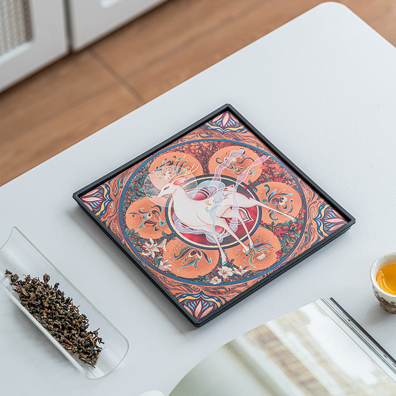 Authentic Dunhuang Nine-Colored Deer Square Absorbent Dry-Brewing Tea Tray - 20cm Teaware