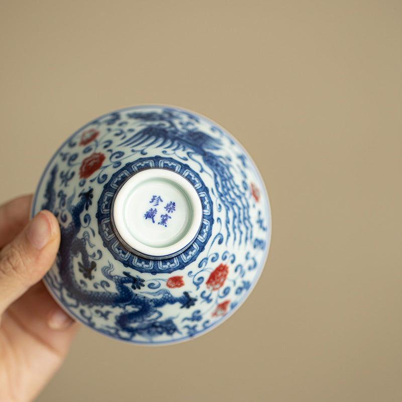 Authentic Jingdezhen Antique Blue & White Dragon & Phoenix Conical Hat Teacup - 65ml Master Cup