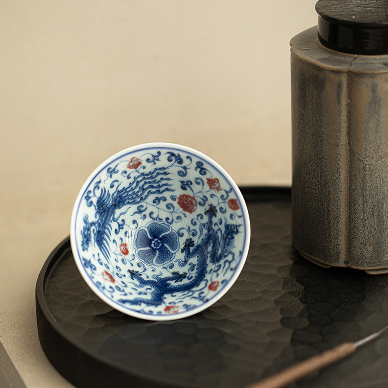 Authentic Jingdezhen Antique Blue & White Dragon & Phoenix Conical Hat Teacup - 65ml Master Cup