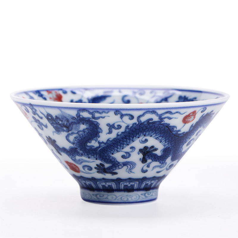 Authentic Jingdezhen Antique Blue & White Dragon & Phoenix Conical Hat Teacup - 65ml Master Cup