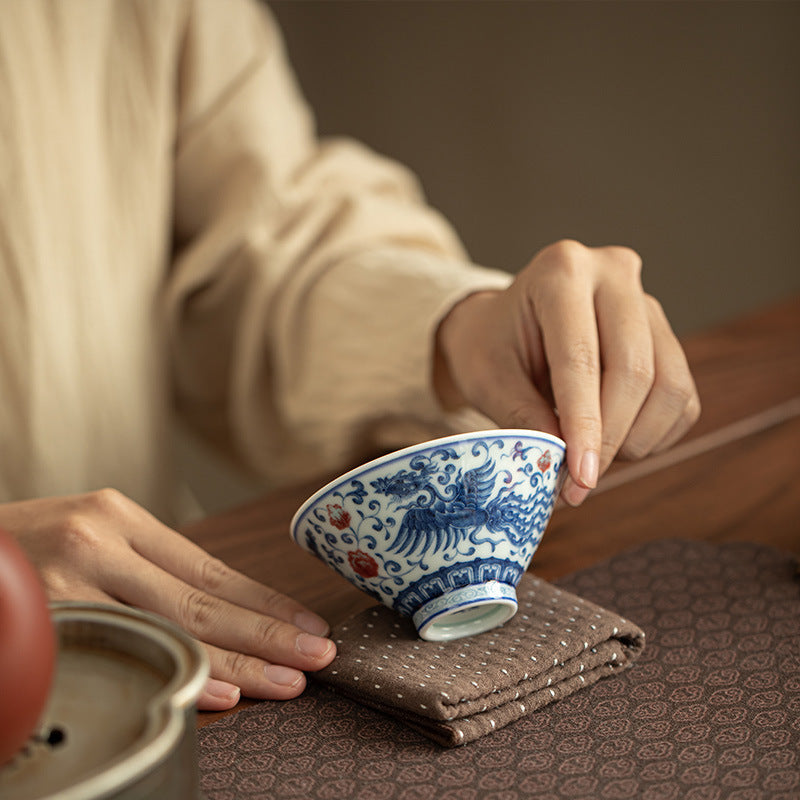 Authentic Jingdezhen Antique Blue & White Dragon & Phoenix Conical Hat Teacup - 65ml Master Cup