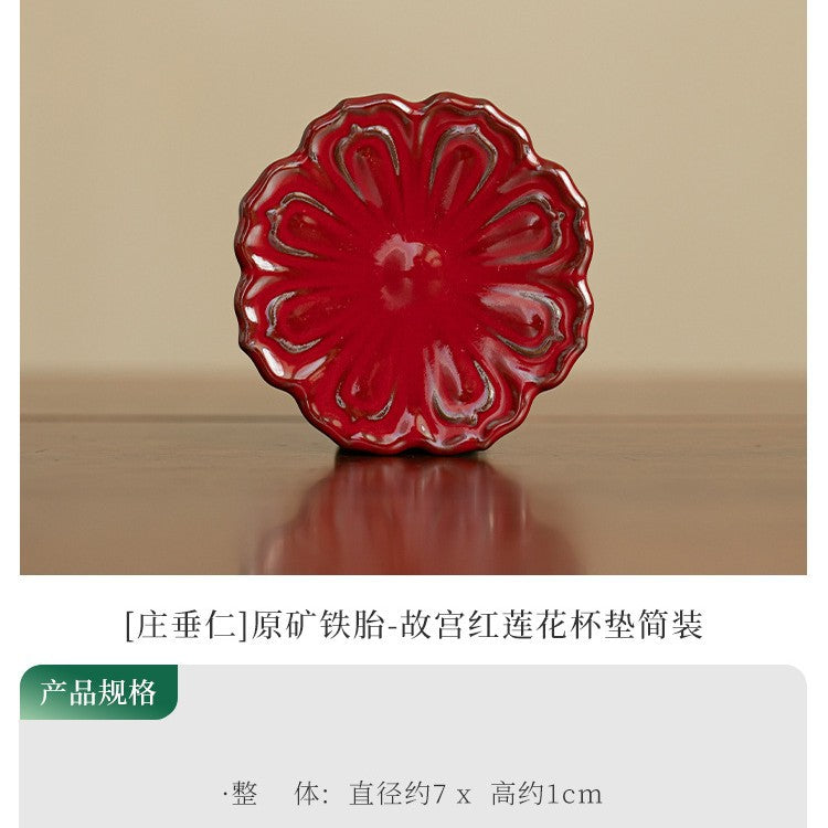 Authentic Raw Mineral Iron-Body Forbidden City Red Lotus Coaster & Lid Rest - Teaware Accessories