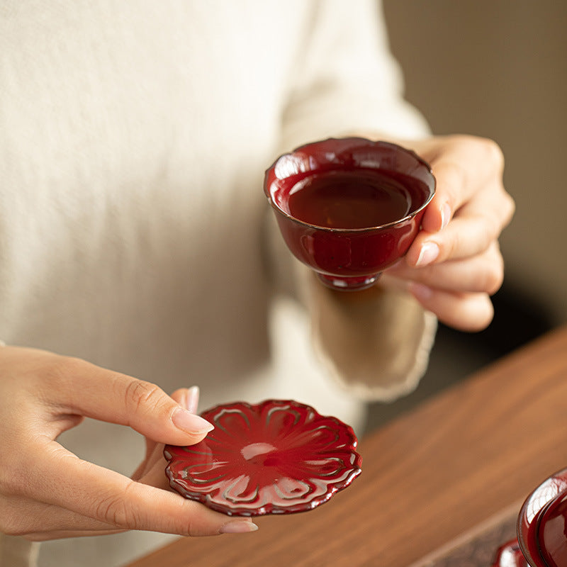 Authentic Raw Mineral Iron-Body Forbidden City Red Lotus Coaster & Lid Rest - Teaware Accessories